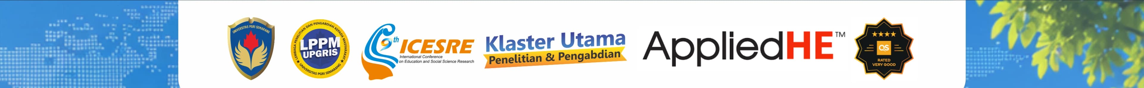 Institutional Partners: Universitas PGRI Semarang, LPPM UPGRIS, ICESRE 9, Klaster Utama, AppliedHE, QS Stars